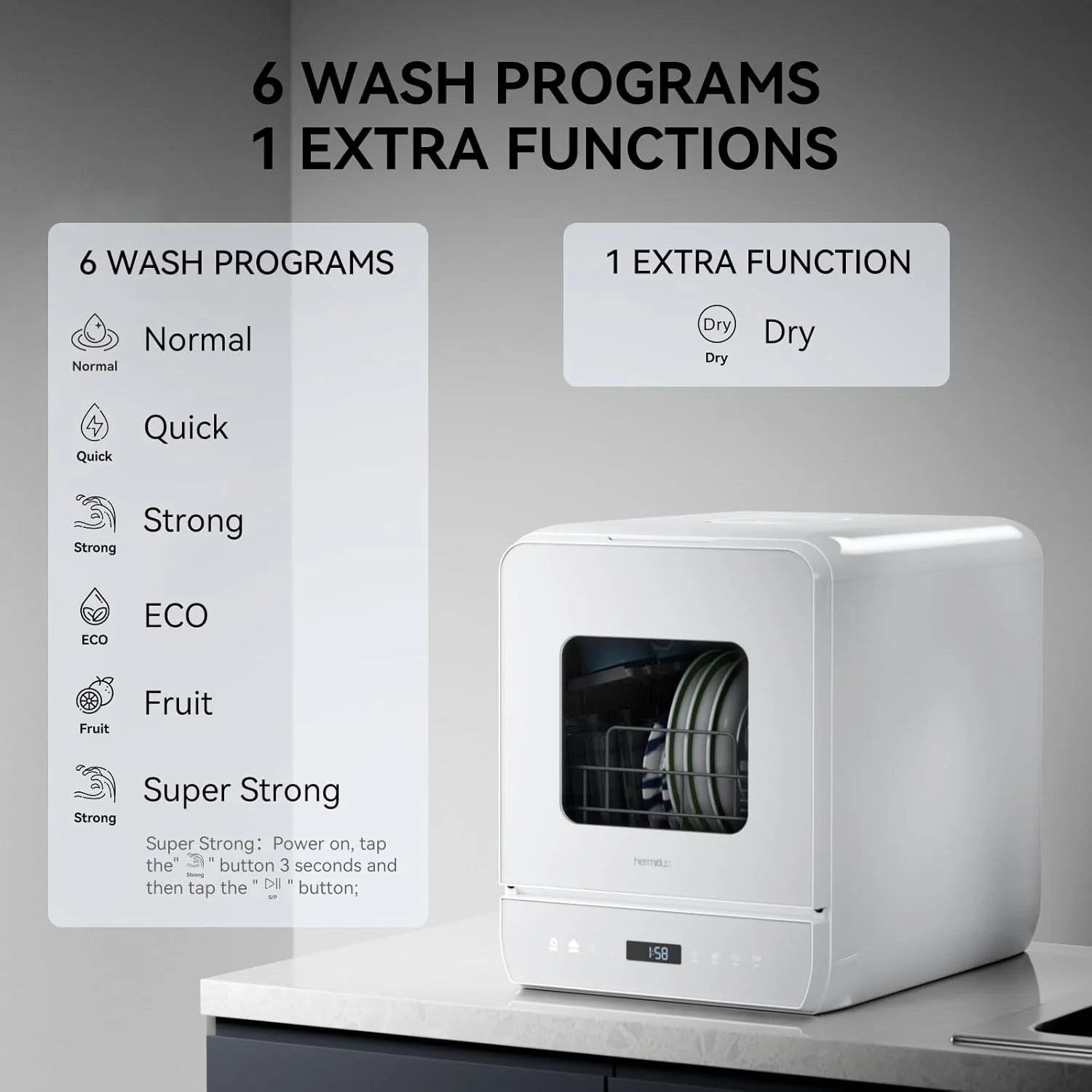 Hermitlux Countertop Dishwasher, 7 Washing Programs Portable Mini Dishwasher with 5-Liter Built-in Water Tank for Apartments & RVs, LED Light, Glass Door, No Hookup Needed