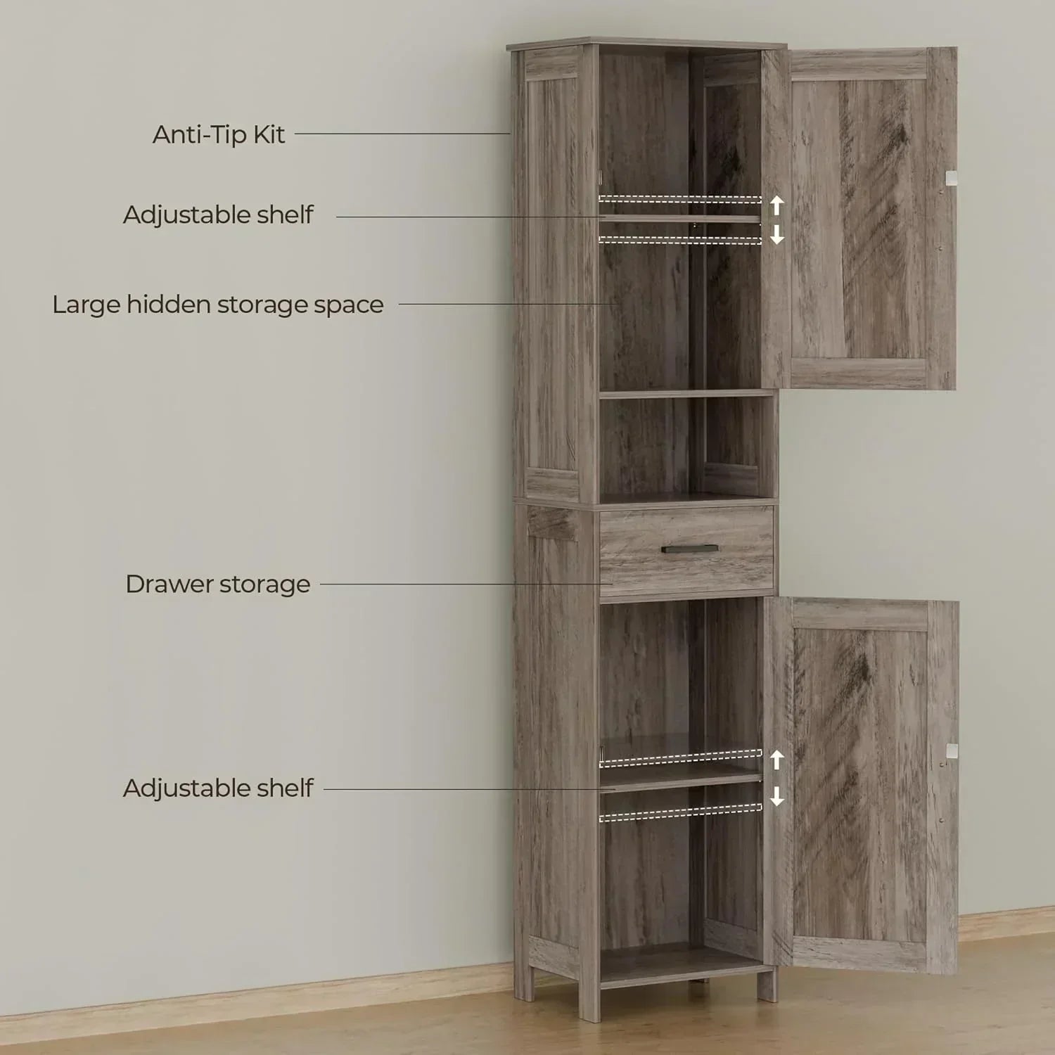 Homhedy 67 H Tall Bathroom Storage Cabinet with 2 Barn Doors and 1 Drawer Narrow Storage Unit