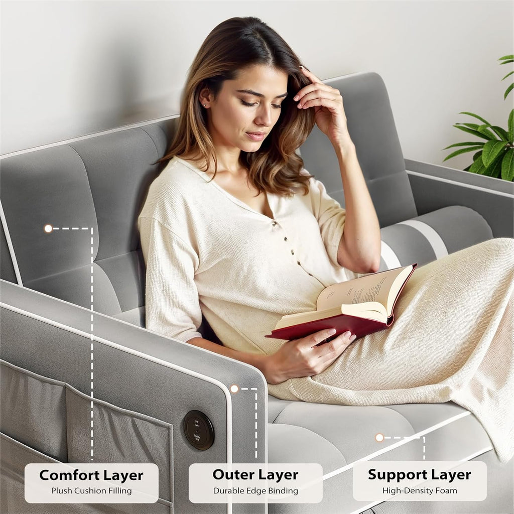 Pipishell 3 in 1 Convertible Sleeper Sofa Bed,Pull Out Couch for Living Room with USB Ports & Side Pockets,Adjustable Backrest,Velvet,Loveseat Sofa Bed,Futon Couches,Black
