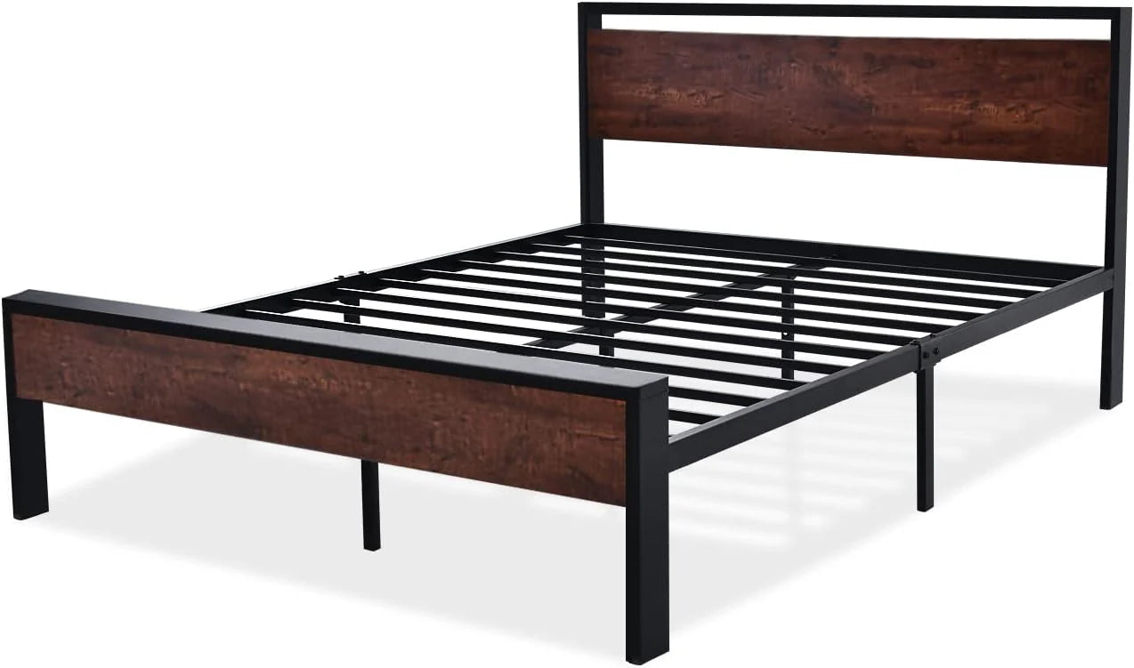 SHA CERLIN 14 Inch Full Size Metal Platform Bed Frame with Wooden Headboard and Footboard