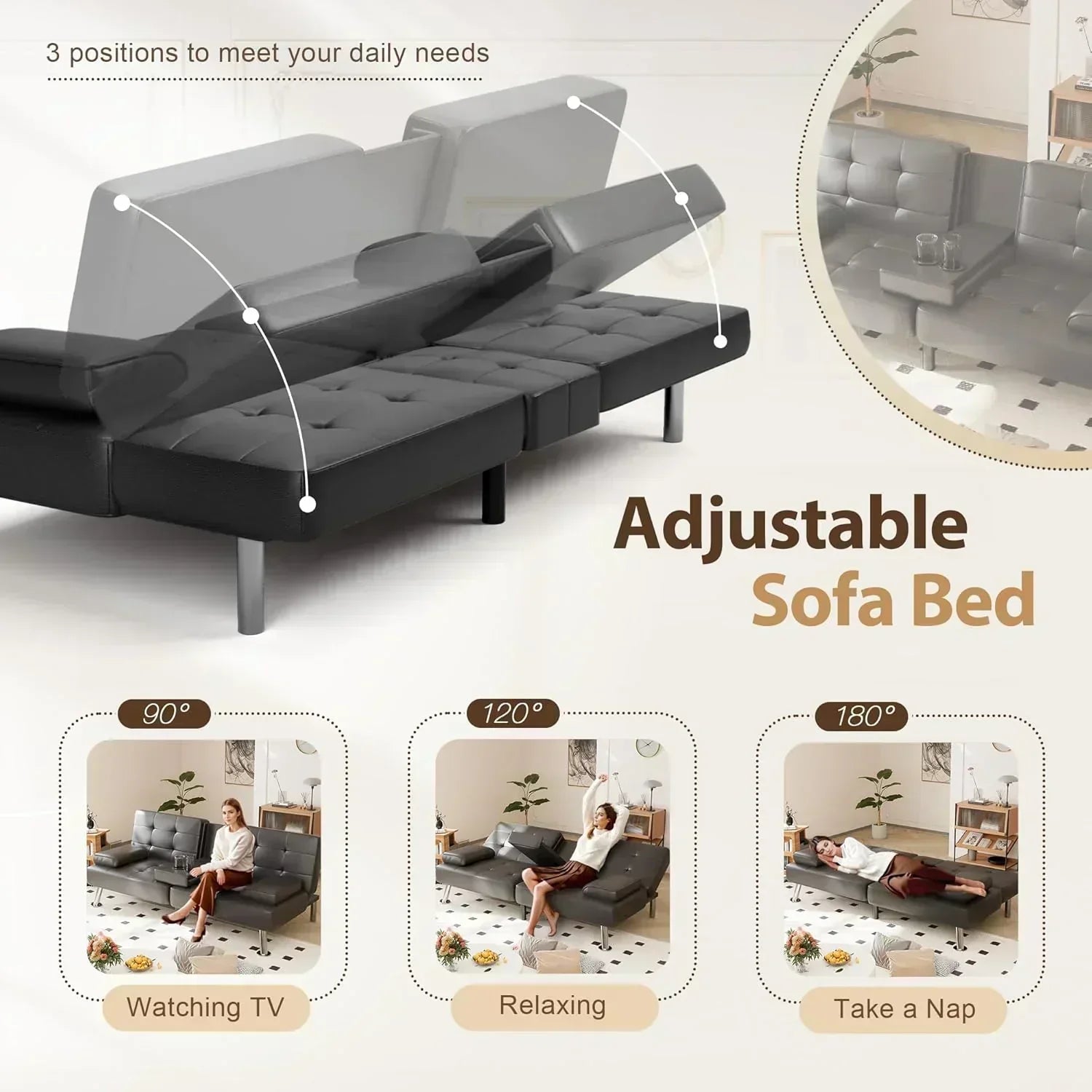 Shahoo Convertible Folding Futon Sofa Bed Sleeper Couch for Living Room Faux Leather