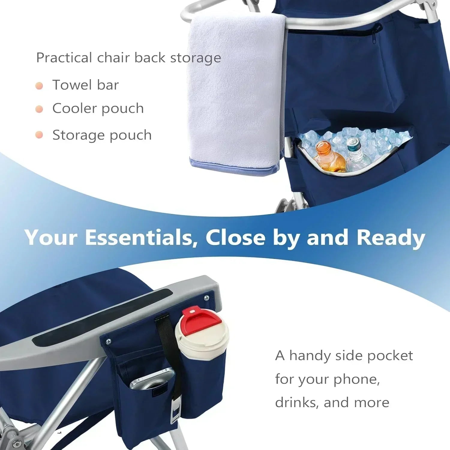 5-Position Aluminum Lay Flat Tall Backpack Beach Chairs 2 Pack Compact Portable Beach Chairs