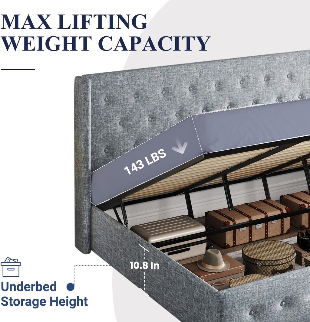 Allewie Queen Size Lift Up Storage Bed Modern Wingback Headboard Hydraulic Support