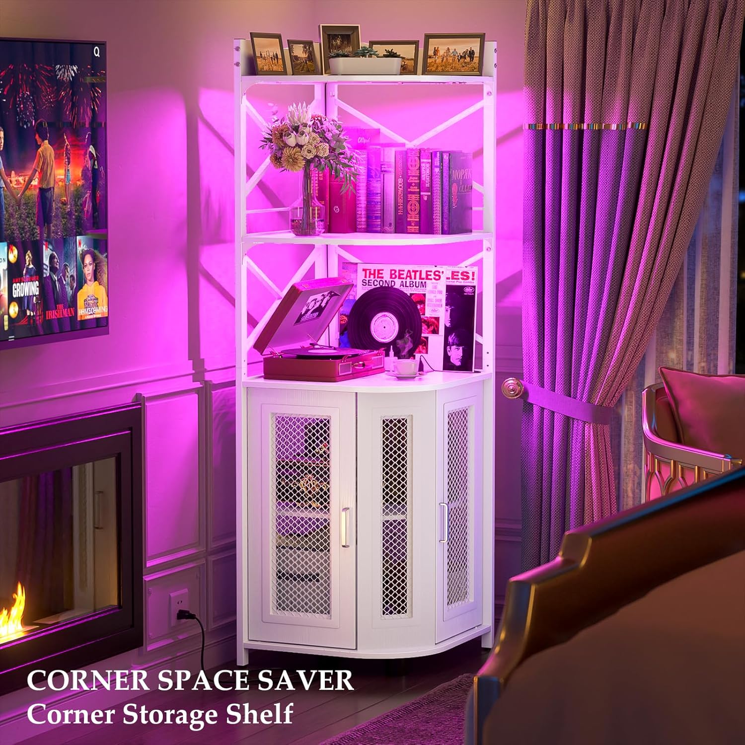 Corner bar cabinet with power socket, industrial style wine cabinet with LED light strip and glass rack, home five-layer wine cabinet bar unit, small space corner display cabinet