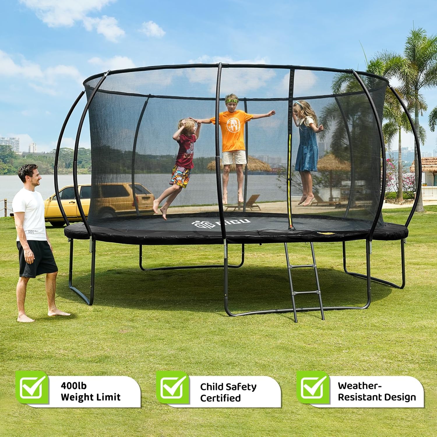 Gigu 10FT 12FT 14FT Recreational Trampolines with Enclosure Net and Ladder Anti-Rust Coating