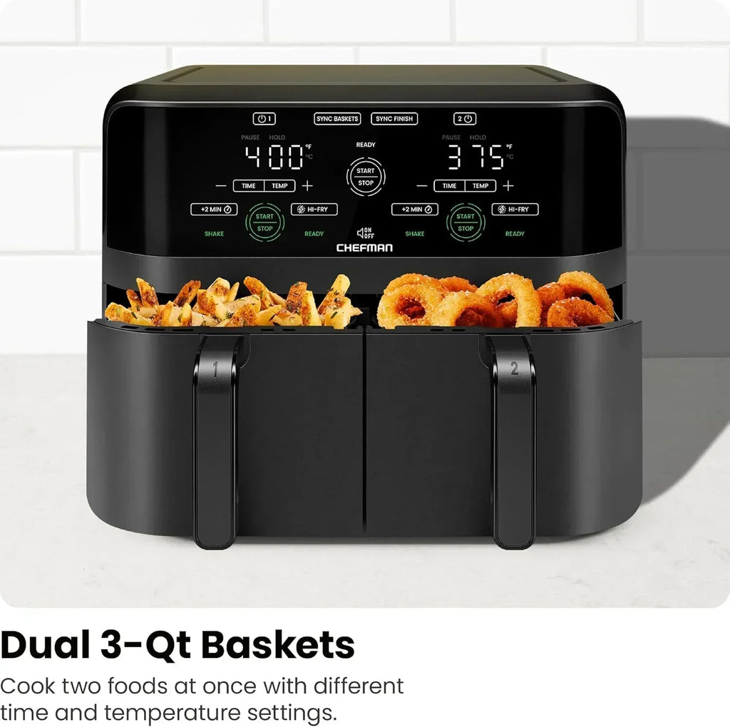 Chefman 6-Quart Dual Basket Air Fryer Digital Touchscreen Smart Sync Finish High-Frying