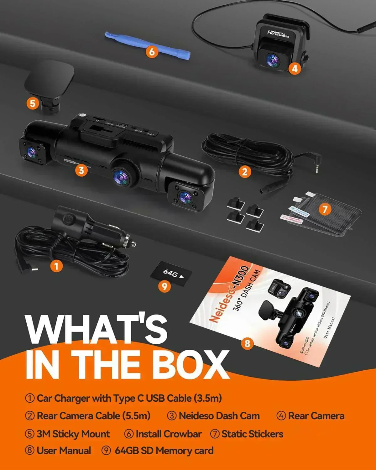 360�� Dash Cam 4-Channel FHD 4*1080P Wi-Fi GPS Voice Control Car Camera Front 2K+1080P