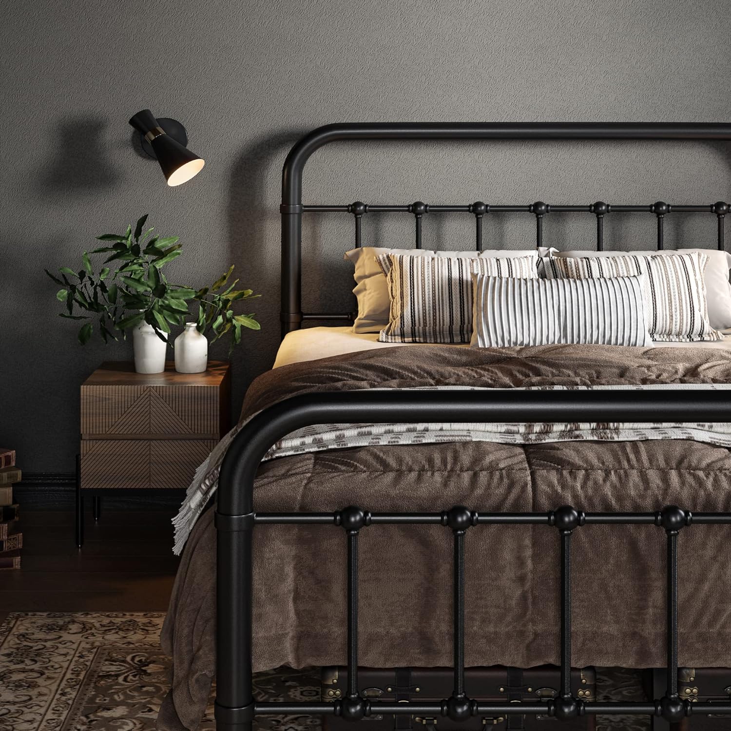 Allewie Queen Size Metal Platform Bed Frame with Victorian Style Wrought Iron-Art Headboard