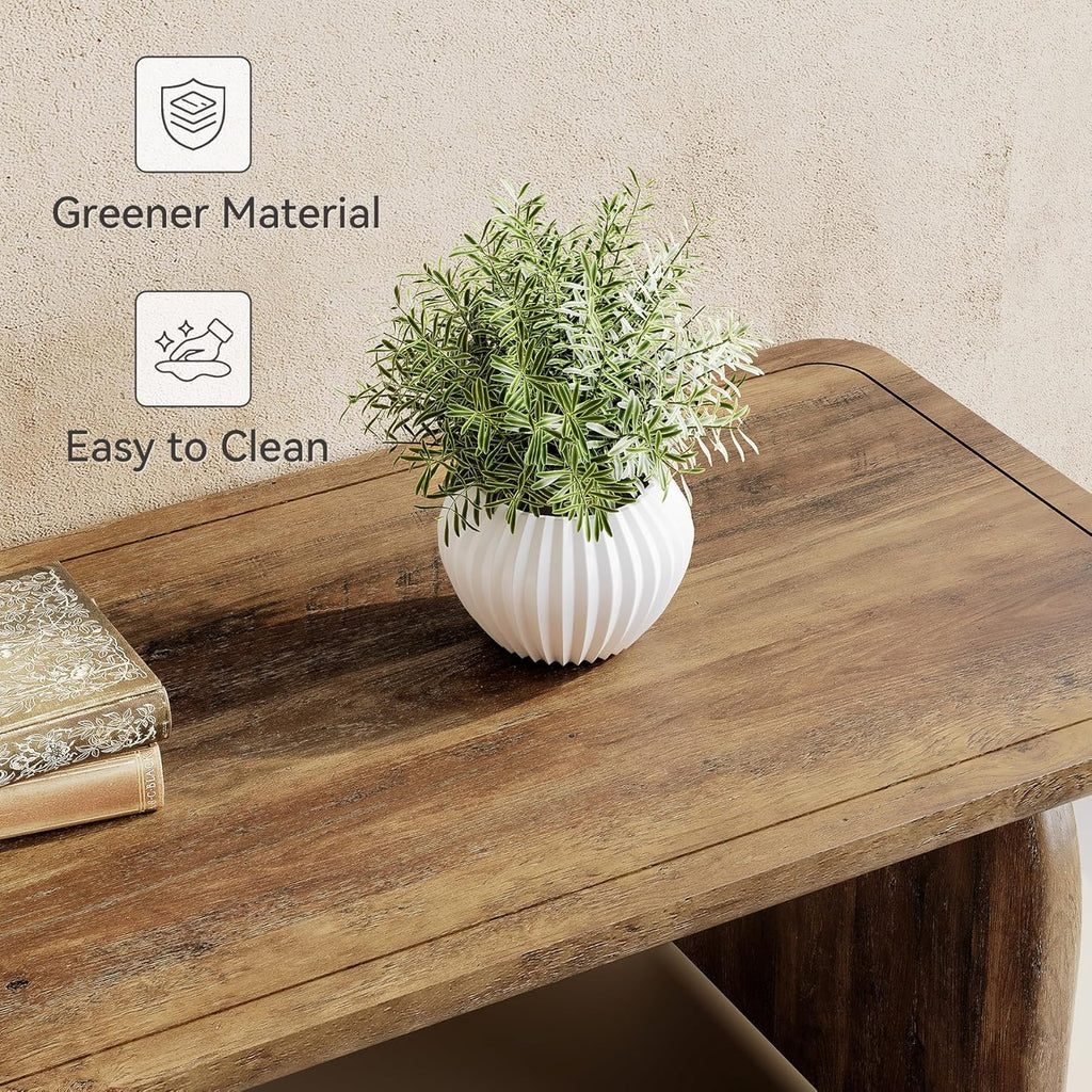 LITTLE TREE Farmhouse Coffee Table, 47 Inch Round Corner Wood Center Table, Rectangular Living Room Table, Modern Low Cocktail Tea Set