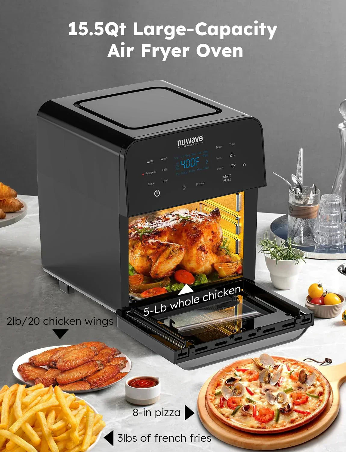 Nuwave Brio 15.5Qt Air Fryer Broiler 50��-425��F Temperature Control Integrated Smart Thermometer