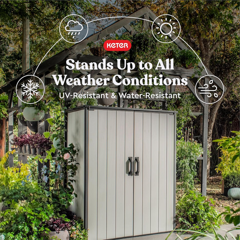 Keter Premier Tall 4.6 x 5.6 ft. Resin Outdoor Storage Shed with Shelving Brackets Patio Furniture