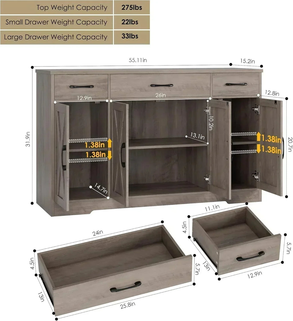 Sideboard with drawers large 55-inch sideboard modern farmhouse wood kitchen dining table