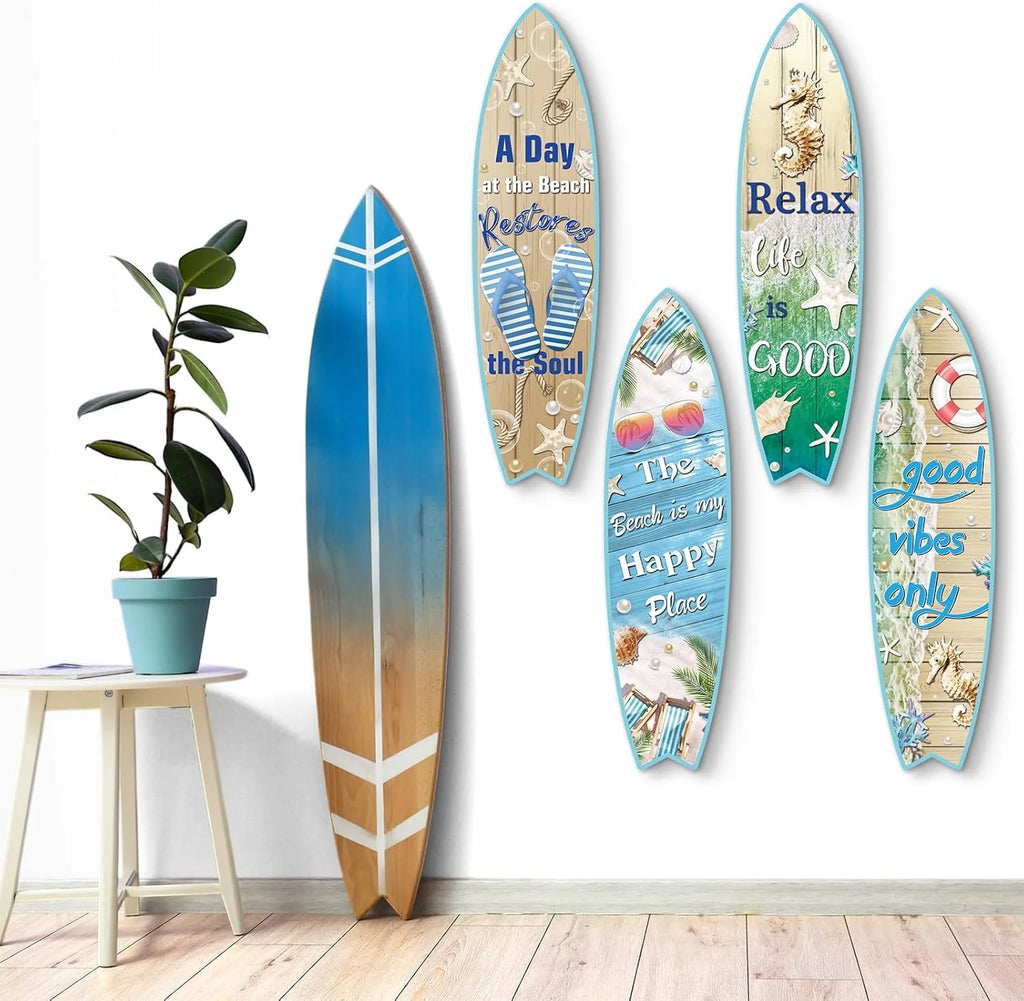 Blulu 4 Pcs Surfboard Wall Decor Surfboard Wall Hanging Sign Wooden Beach Decoration Summer Theme Decor Hawaiian Luau Party Decoration for Home Bar Aloha Tropical Birthday Party(Tiki)