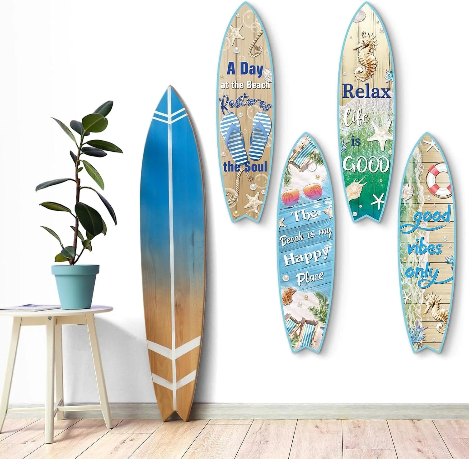 Blulu 4 Pcs Surfboard Wall Decor Surfboard Wall Hanging Sign Wooden Beach Decoration Summer Theme Decor Hawaiian Luau Party Decoration for Home Bar Aloha Tropical Birthday Party(Tiki)