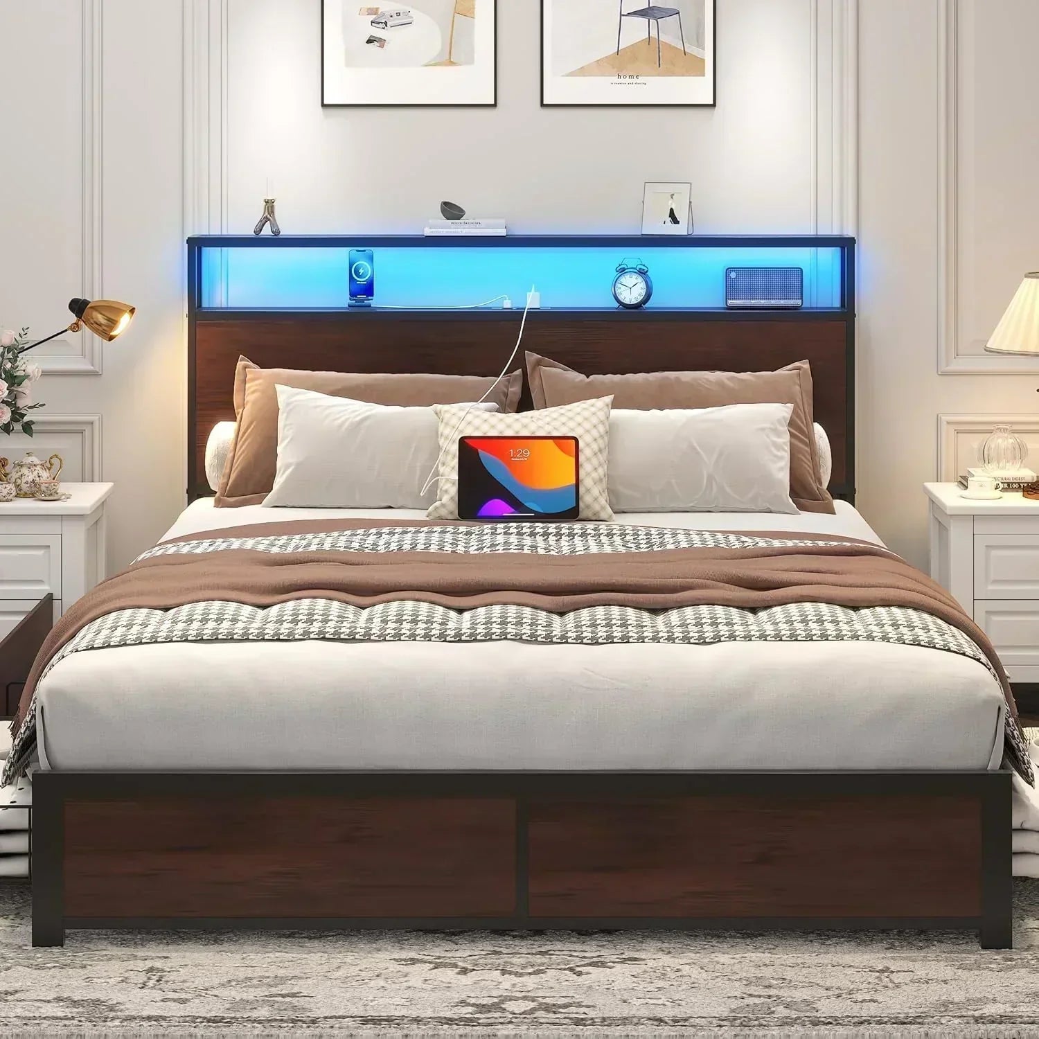 Lifezone Queen Bed Frame 2-Tier Storage Headboard Metal Platform Bed Frame 4 Storage Drawers