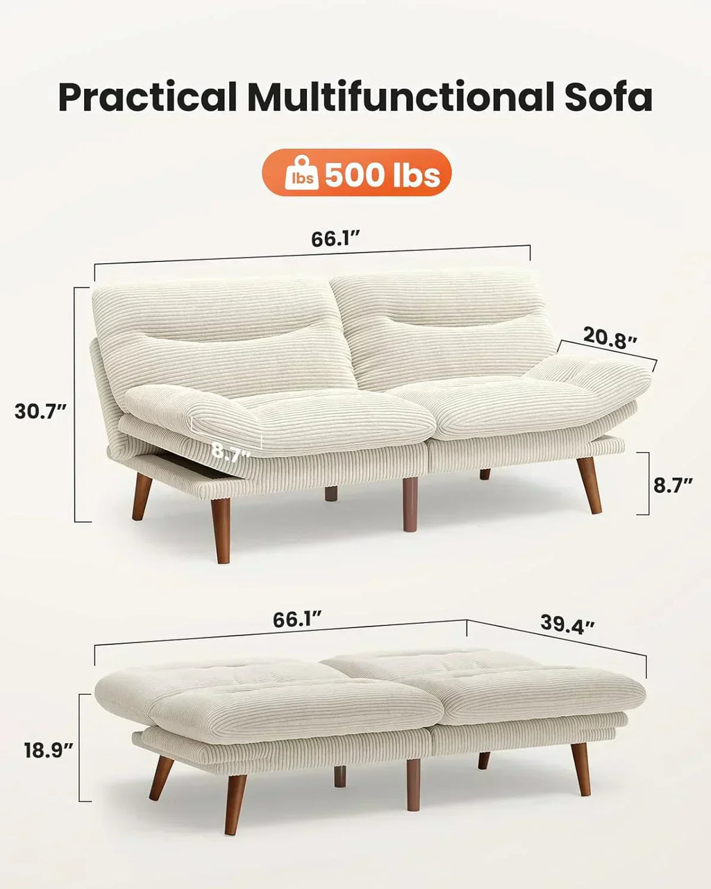 Convertible Futon Sofa Bed 66 Inch Corduroy Futon Sofa Recliner Sofa Bed for Small Spaces