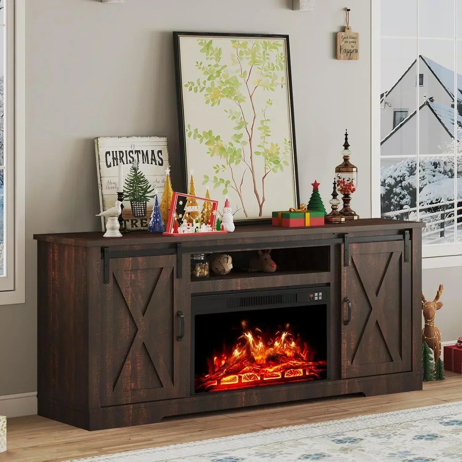 AMERLIFE Fireplace TV Stand with Sliding Barn Door  Farmhouse 63 Fireplace Entertainment Center
