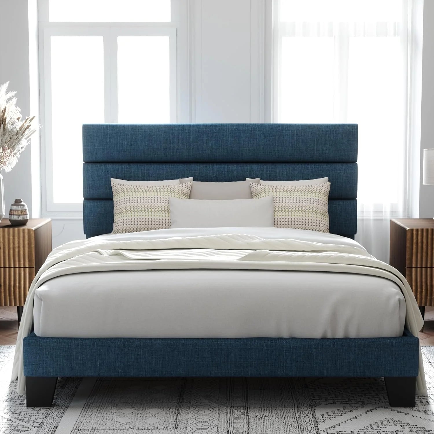 Allewie Queen Size Platform Bed Frame Fabric Upholstered Headboard Wooden Slats Support