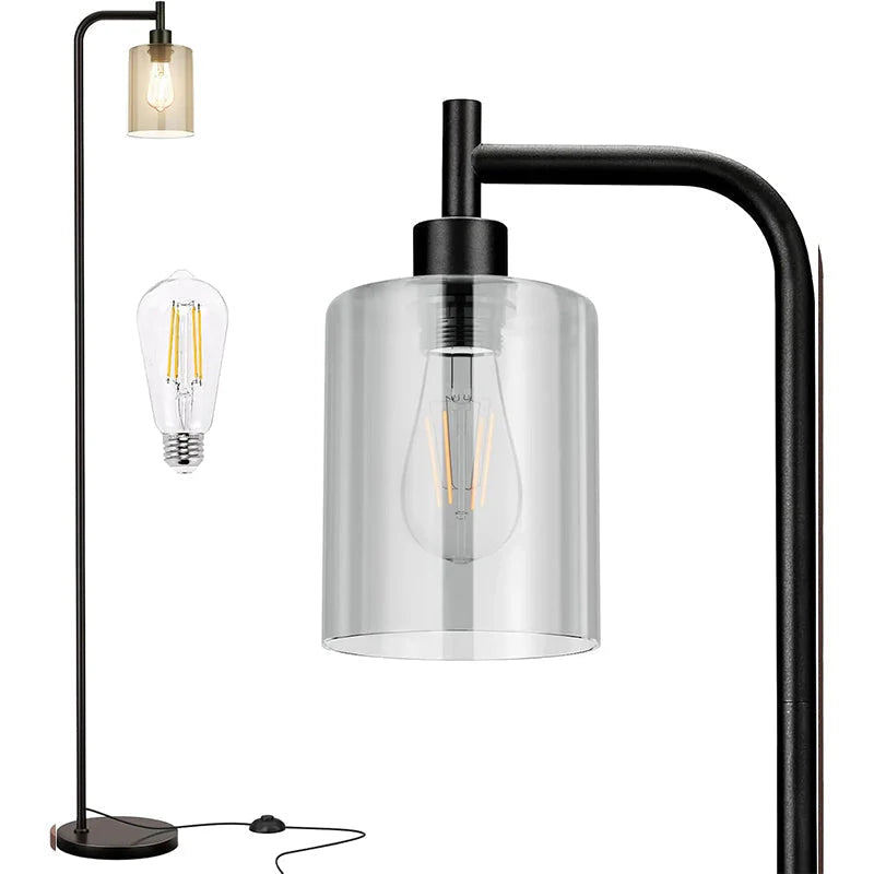 Modern Black Floor Lamp with Clear Glass Shade and LED Bulb