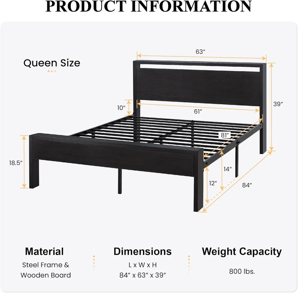 SHA CERLIN 14 Inch Queen Size Metal Platform Bed Frame with Wooden Headboard and Footboard