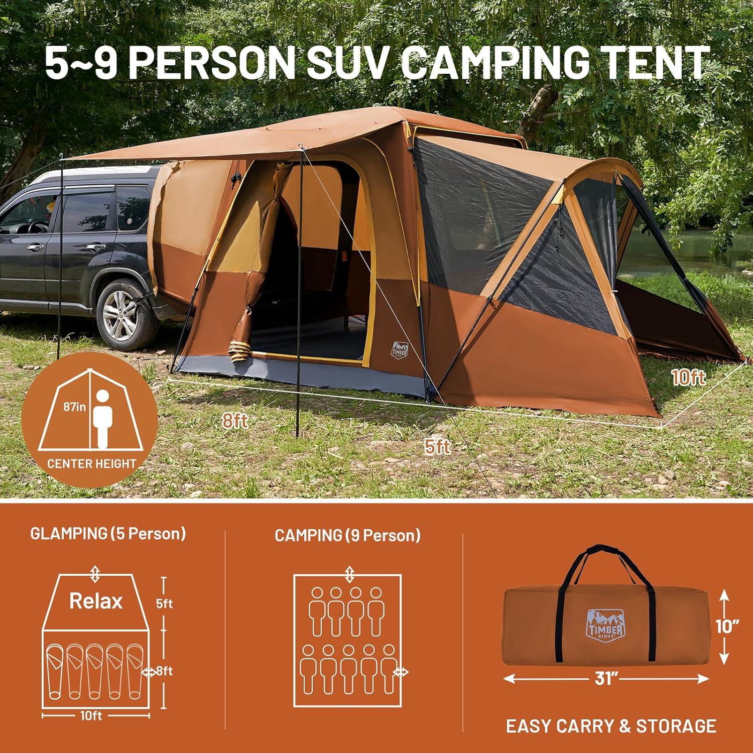 TIMBER RIDGE 5-9 Person SUV Tent with Screen Porch and Awning for Family Camping Weather Resistant