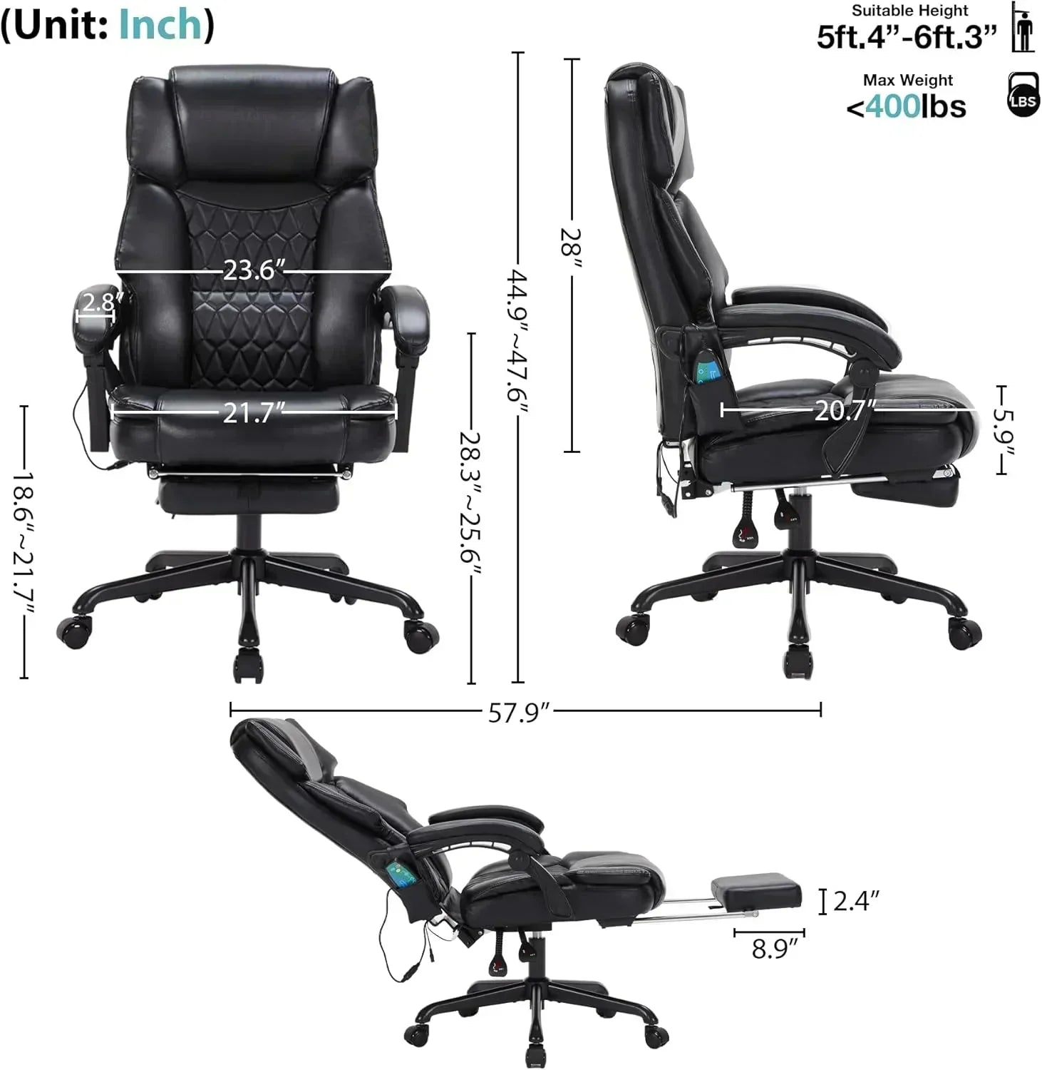 Massage Office Chair with Footrest 6 Point Vibration and Heating Home Office Desk Chair