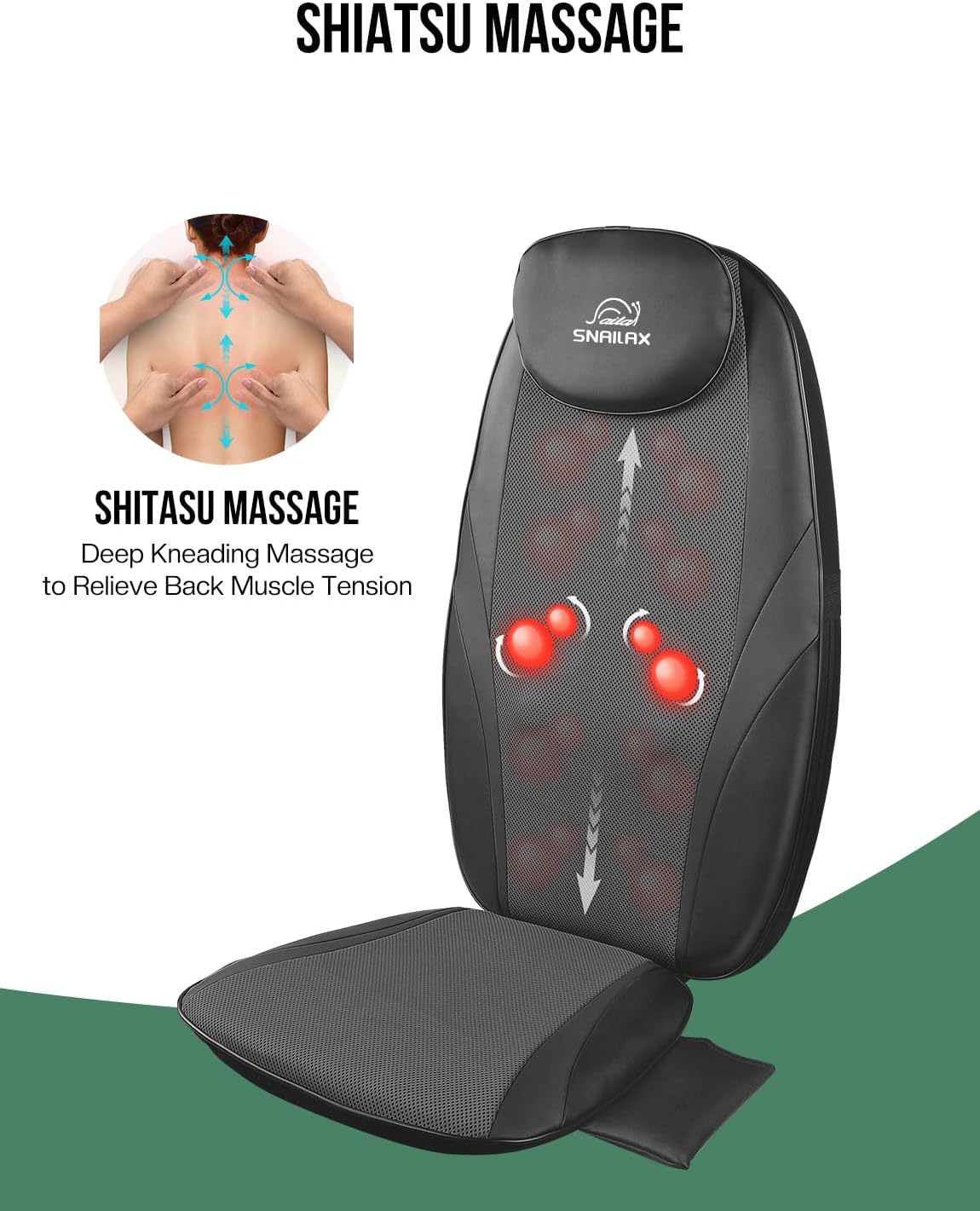 Snailax Shiatsu Massage Cushion with Heat Massage Chair Pad Kneading Back Massager for Home