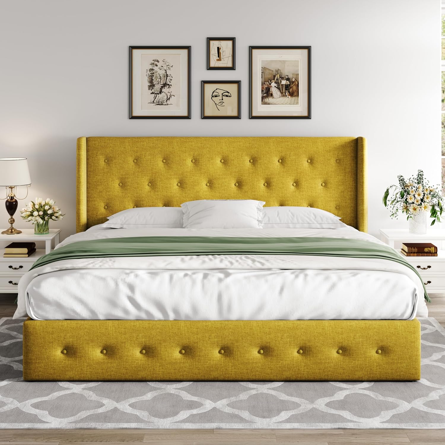 Allewie Queen Size Lift Up Storage Bed Modern Wingback Headboard Hydraulic Support