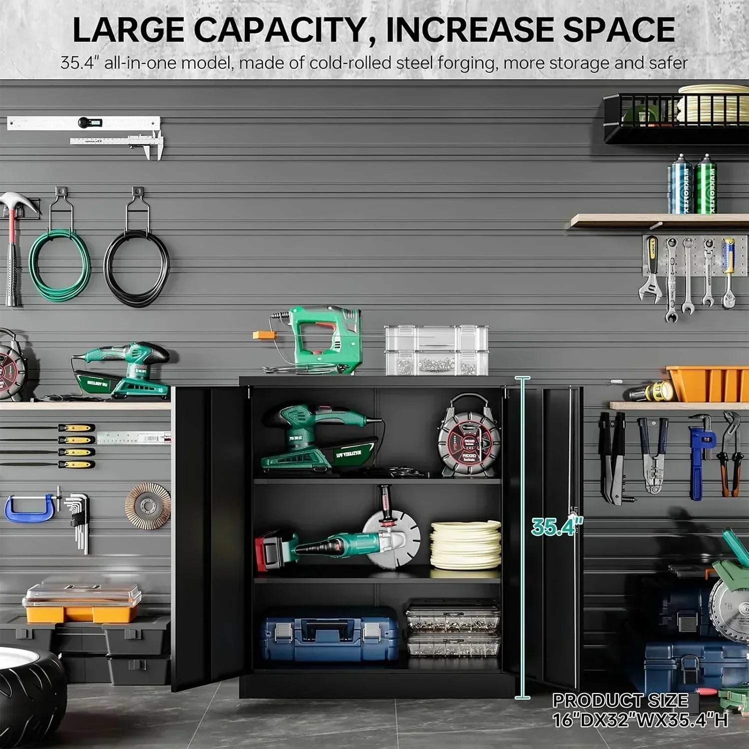 Metal Storage Cabinet with 2 Doors and 6 Shelves Black Metal Cabinet Garage Storage Cabinet