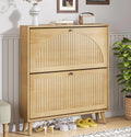 Entrance shoe cabinet with 2 flip-top drawers, narrow wooden shoe cabinet with fluted panels