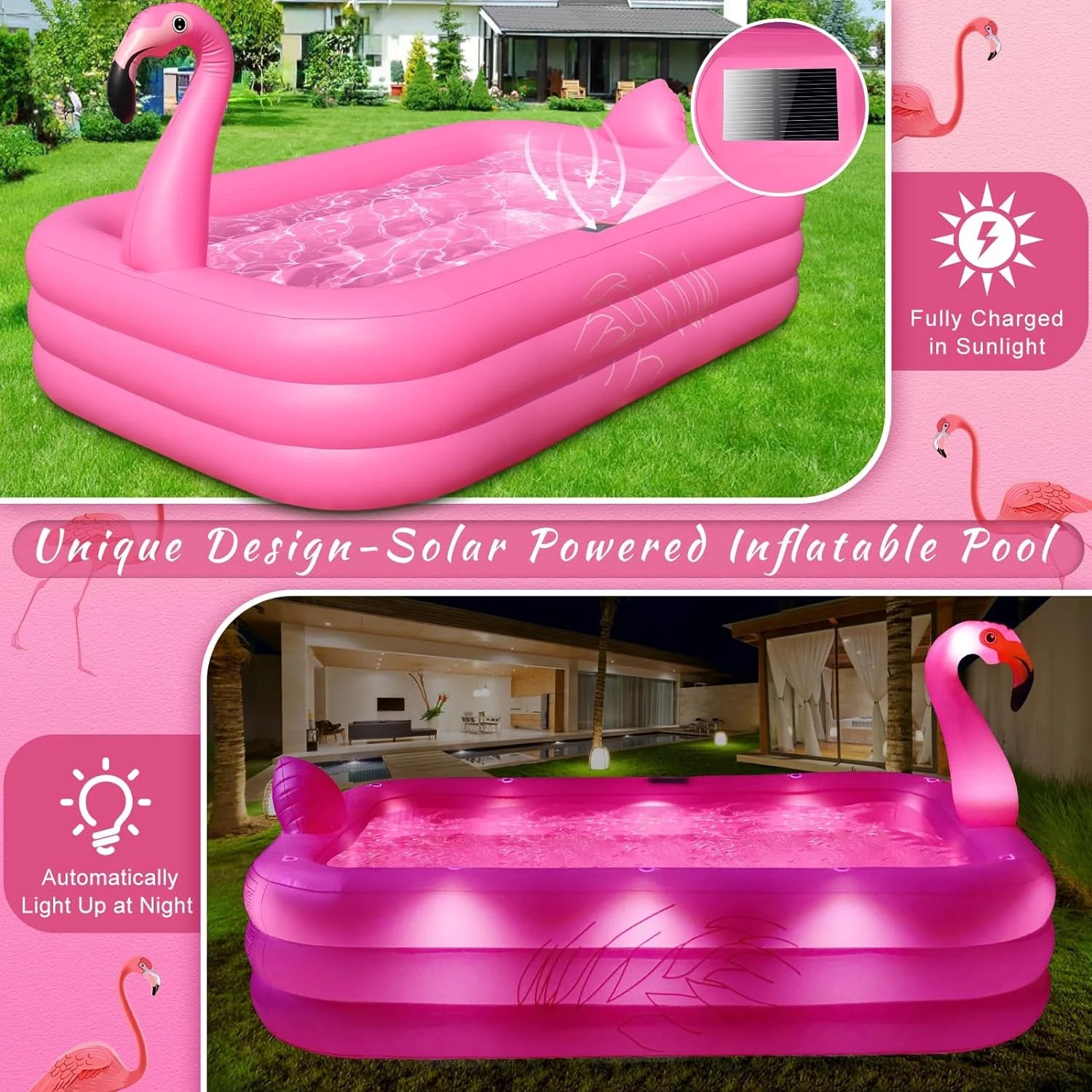 Inflatable Pool with Lights, Solar Flamingo Swimming Pool for Kids,Adults Inflatable Blow up Pool, Large Kiddie Pool, Durable Thickened Inflatable Family Pool for Backyard,Outdoor,105x65x25