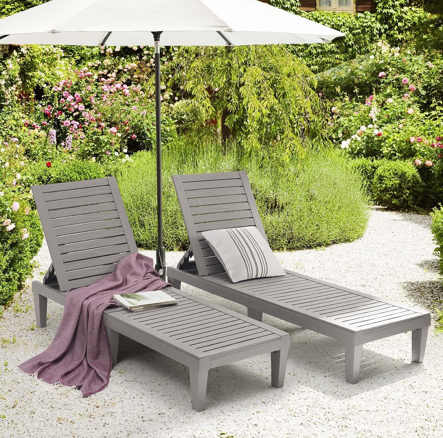 Patio Chairs - Black Chaise Lounge Chair Outdoor 5-Position Adjustable Sun Tanning Chair Waterproof Pool Lounge Chairs Set of 2 Reclining Lawn Chair, Lightweight Outdoor Lounge Chairs