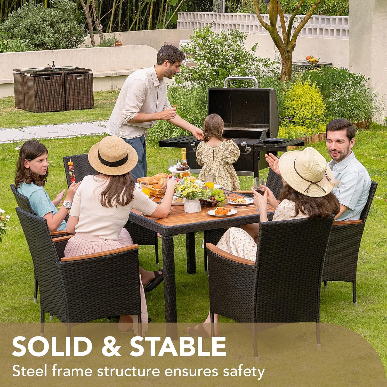 Devoko Dining 7 PCS Furniture Patio Conversation Set with Acacia Wood Table Top Rattan Outdoor