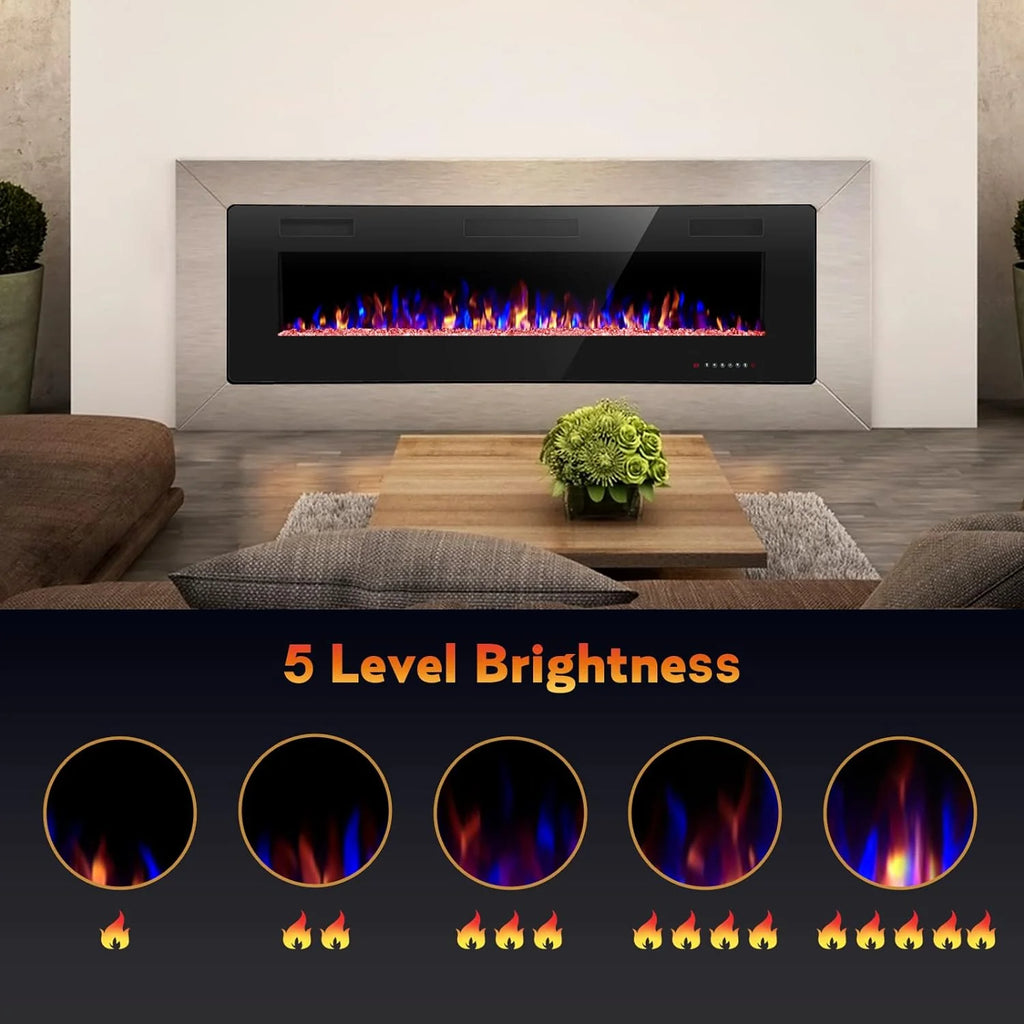 R.W.FLAME 60 Recessed and Wall Mounted Electric Fireplace, Low Noise, Fit for 2 x 6 Stud, Remote Control with Timer, Touch Screen, Adjustable Flame Color and Speed, 750-1500W
