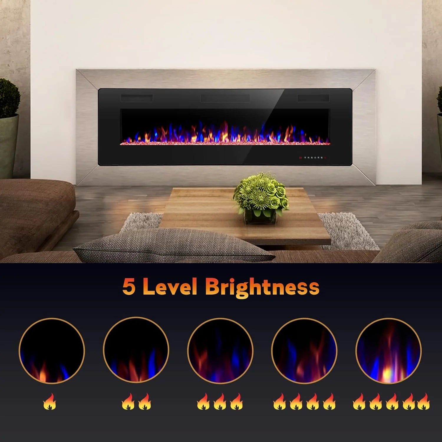R.W.FLAME 60 Recessed and Wall Mounted Electric Fireplace, Low Noise, Fit for 2 x 6 Stud, Remote Control with Timer, Touch Screen, Adjustable Flame Color and Speed, 750-1500W