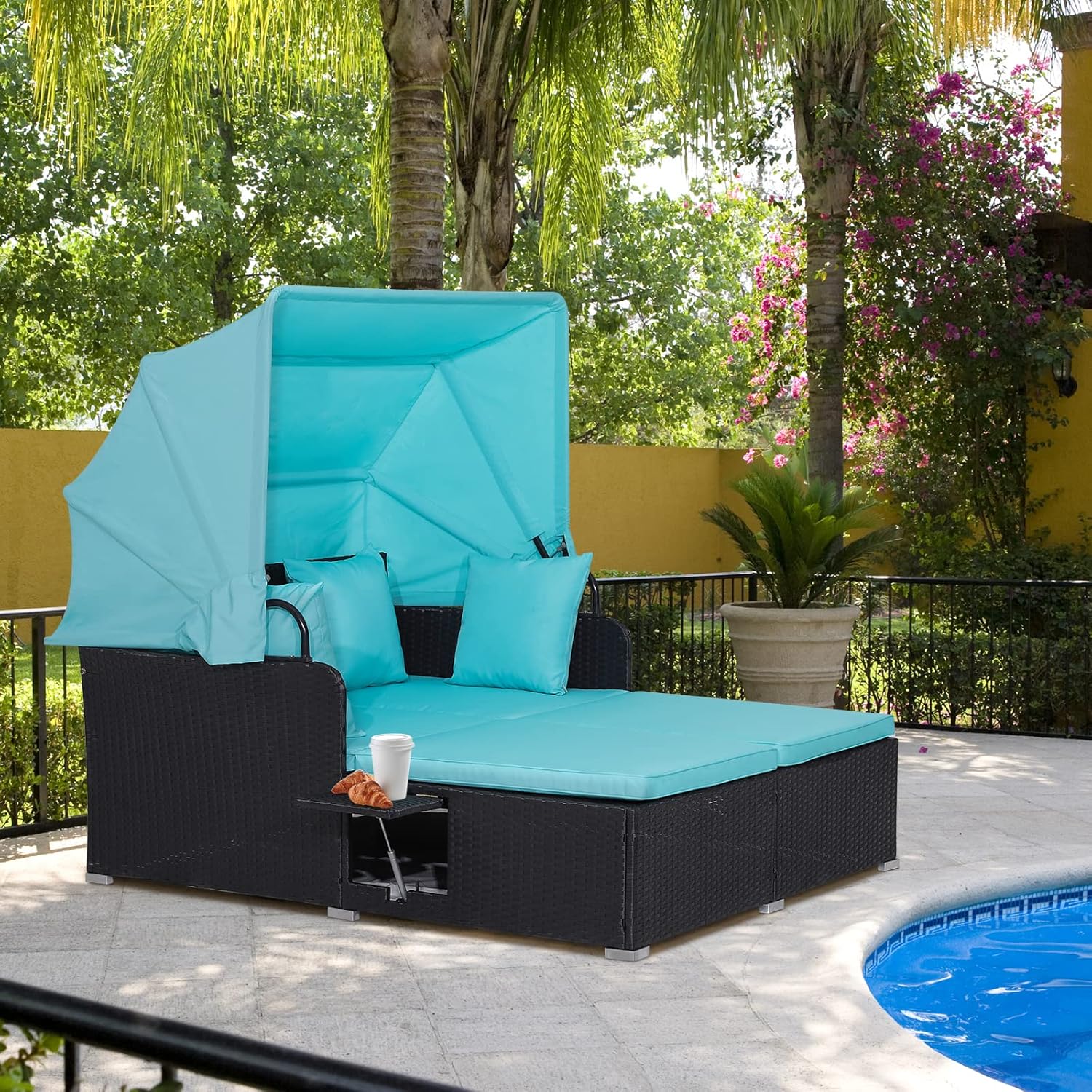 RELAX4LIFE Patio Outdoor Daybed with Canopy Wicker Sunbed Cushions 4 Pillows