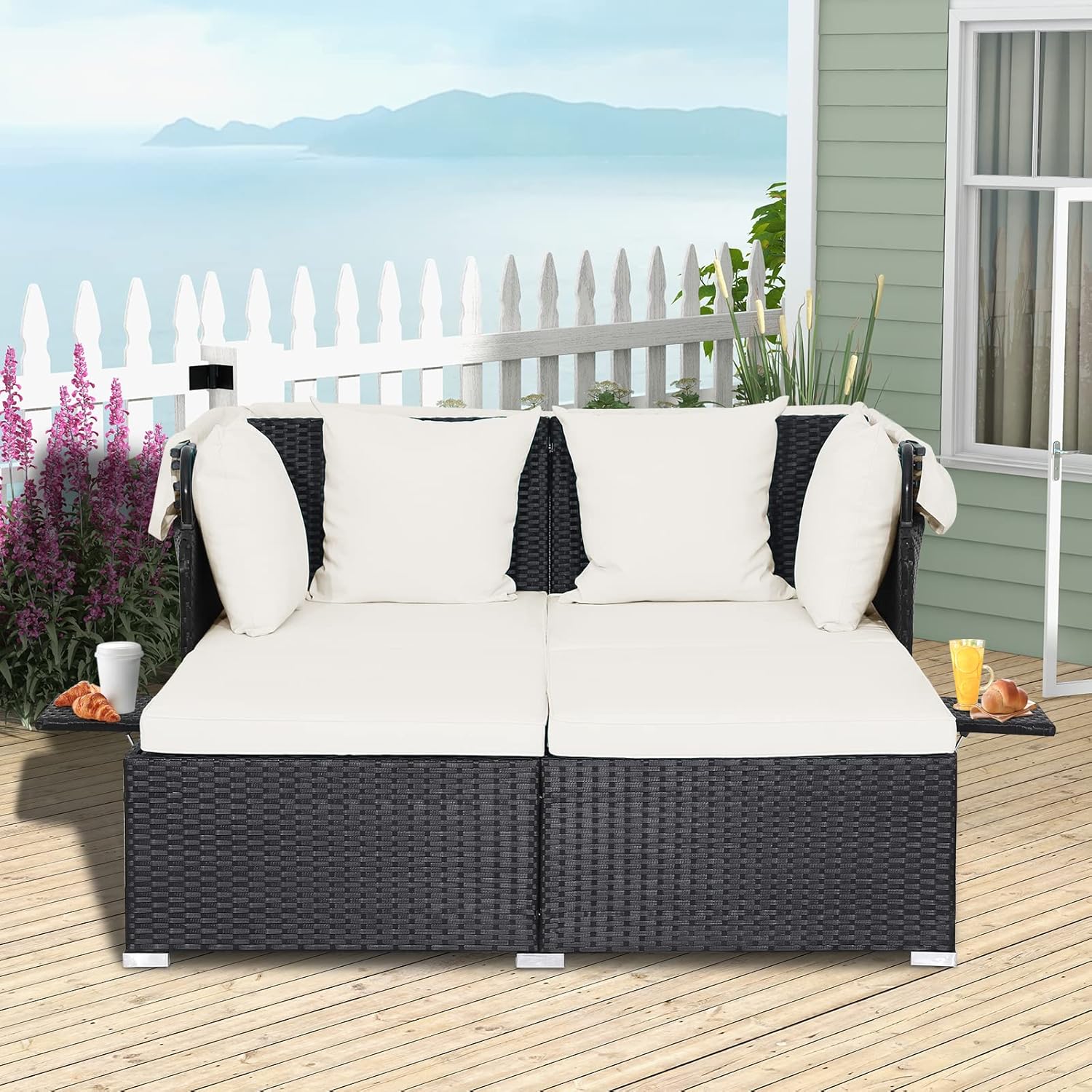 RELAX4LIFE Patio Outdoor Daybed with Canopy Wicker Sunbed Cushions 4 Pillows