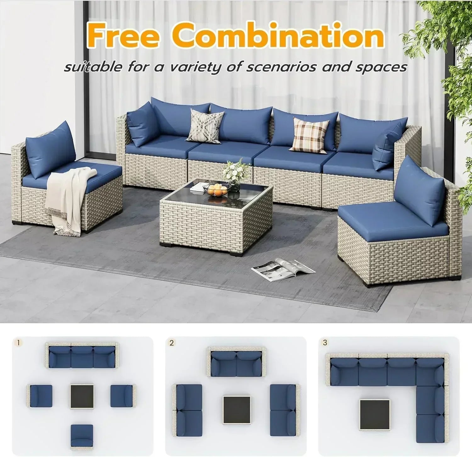 UDPATIO Outdoor Patio Furniture Set 7-Piece PE Wicker Sectional Sofa Outdoor Conversation Set