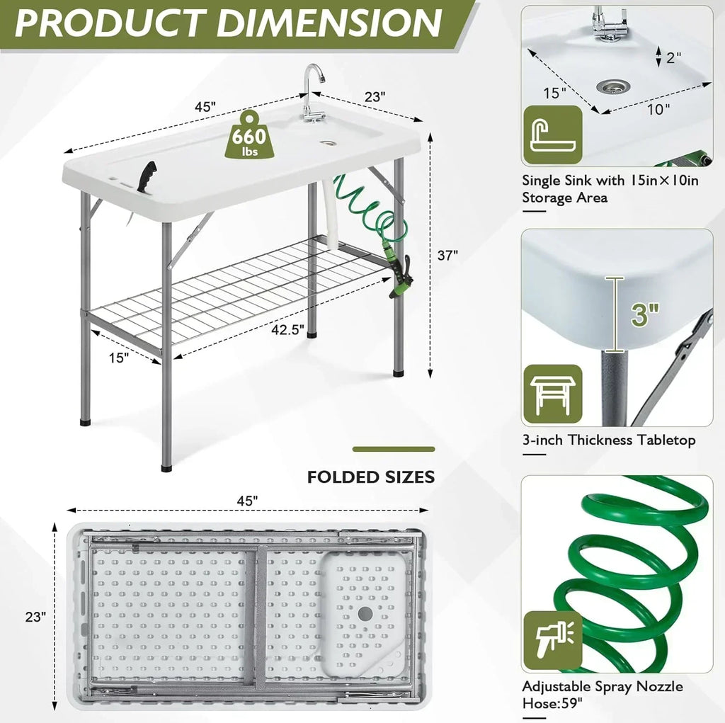 Folding Fish Cleaning Table Portable Camping Sink Table Outdoor Fish Fillet Cleaning Station
