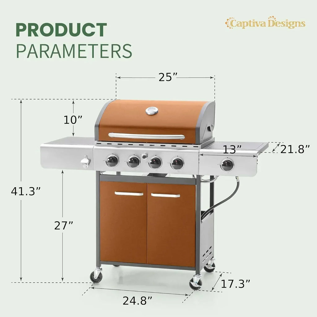 Captiva Designs 4-Burner Propane Gas BBQ Grill Side Burner Porcelain-Enameled Cast Iron Grates