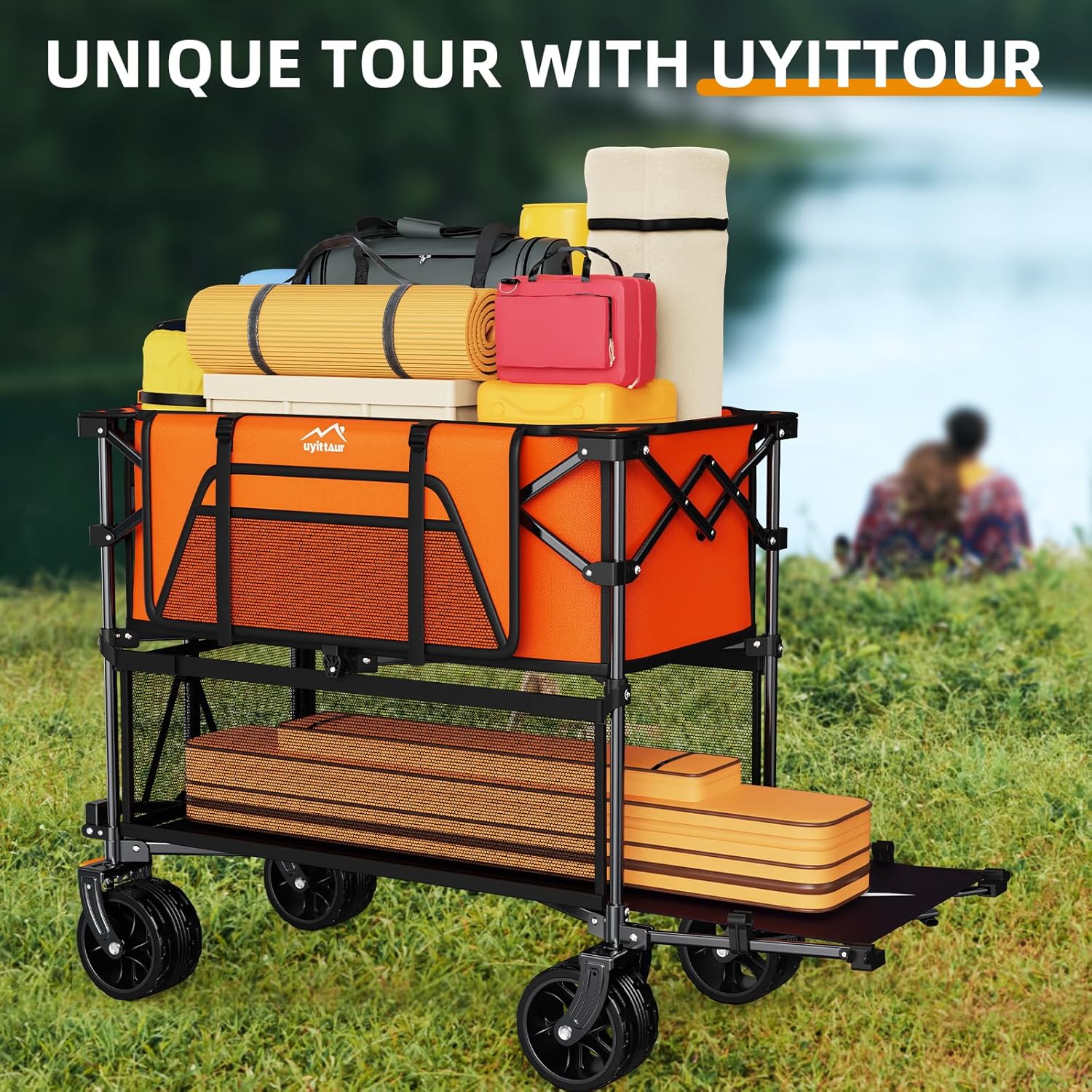 Foldable 50''L Extra Long Double Decker Wagon for Sport 400L Collapsible Heavy Duty Wagon Cart