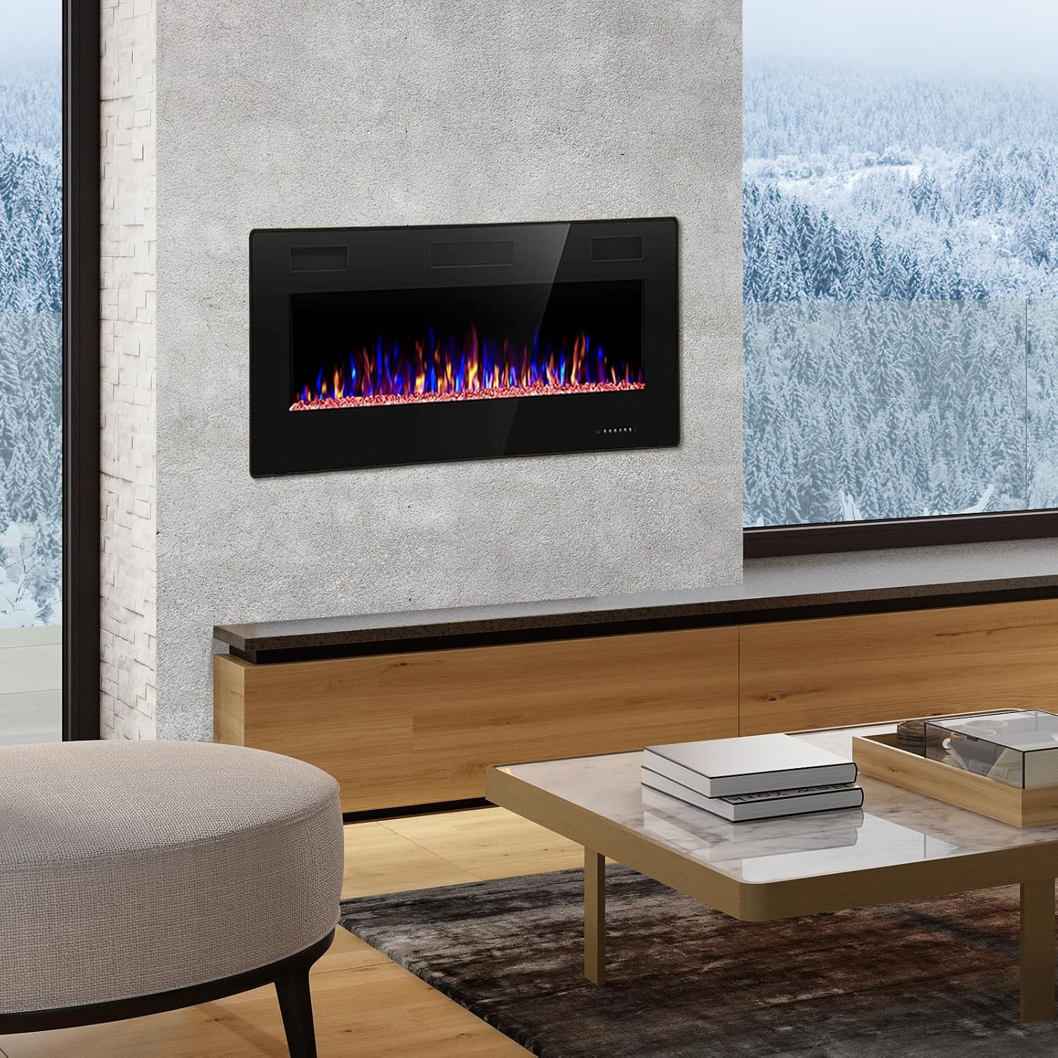 R.W.FLAME 60 Recessed and Wall Mounted Electric Fireplace Low Noise Fit for 2 x 6 Stud