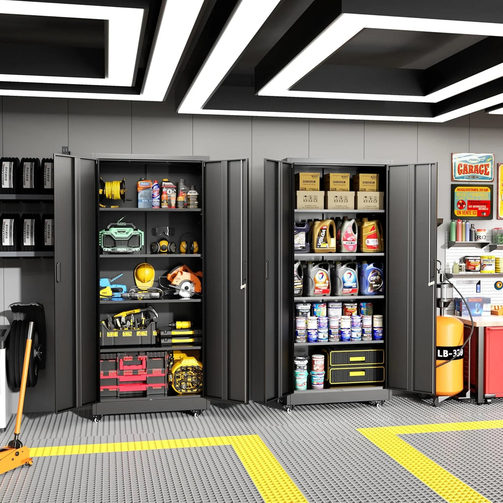 Greenvelly Metal Storage Cabinet, 72 Black Locking Metal Cabinet with 2 Doors and 4 Adjustable Shelves, Lockable Garage Storage Cabinets for Home Office, Garage, Kitchen, Living Room