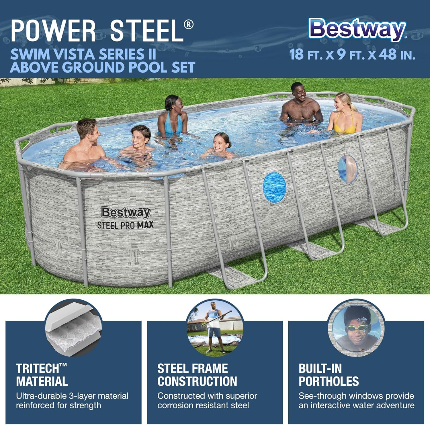 Power Steel Swim Vista Series II 14' x 8' 2 x 39.5 Above Ground Outdoor Swimming Pool Set