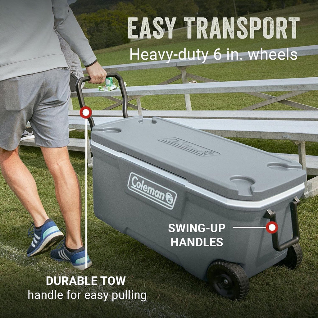Coleman Insulated Portable Rolling Cooler with Wheels, Leak-Proof Outdoor Hard Cooler, Keeps Ice for Up to 5 Days, 100 Quart
