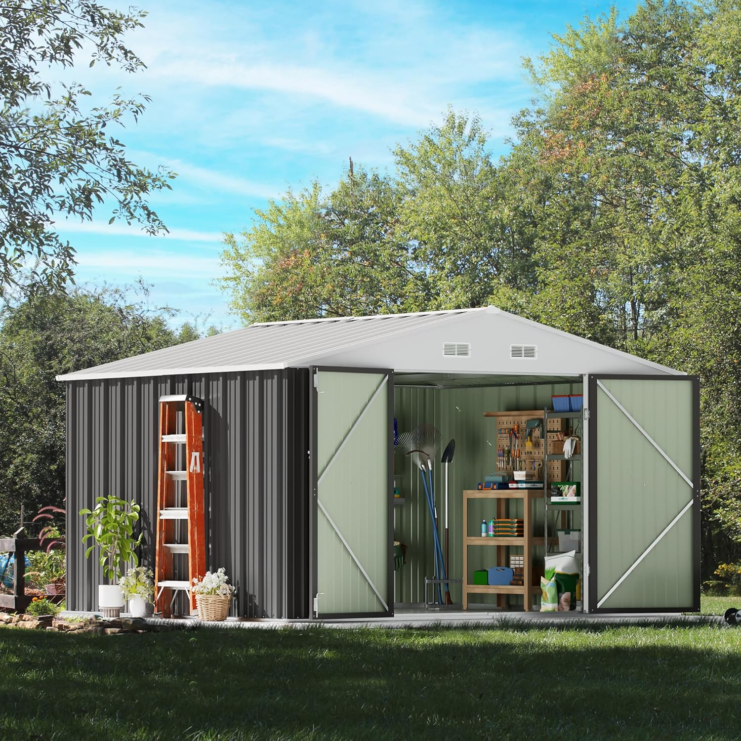 Devoko Outdoor Storage Shed Lockable Metal Garden Shed Steel Anti-Corrosion Storage House