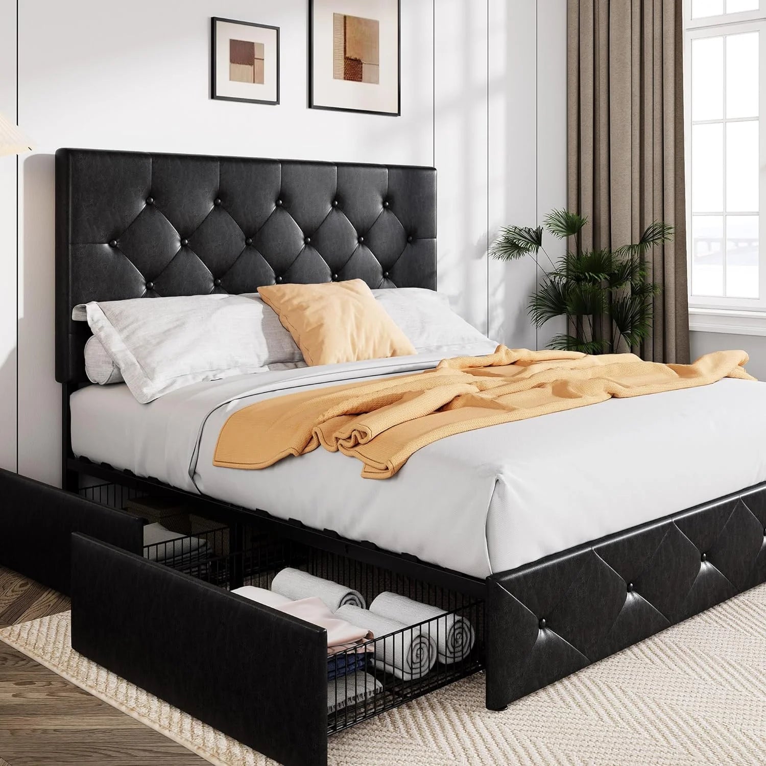 Allewie Upholstered Queen Size Platform Bed Frame with 4 Storage Drawers and Headboard