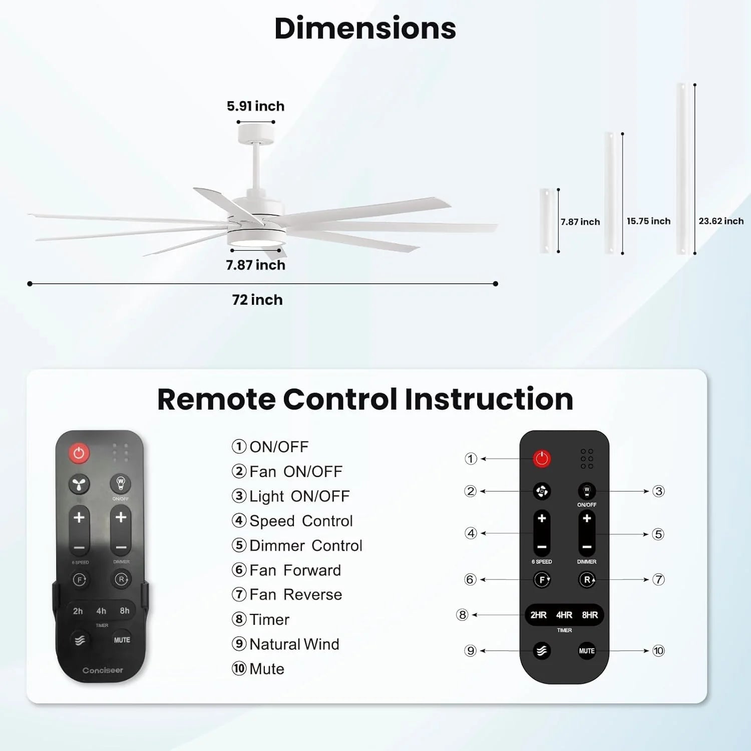 Modern Ceiling Fans with Lights, 72 Inch Ceiling Fan with Light and Remote, Bedroom Living Room Library Cafe Outdoor/Industrial,24W 3CCT Dimmable, 8 Blades 6 Speed Reversible Quiet DC Motor, Black