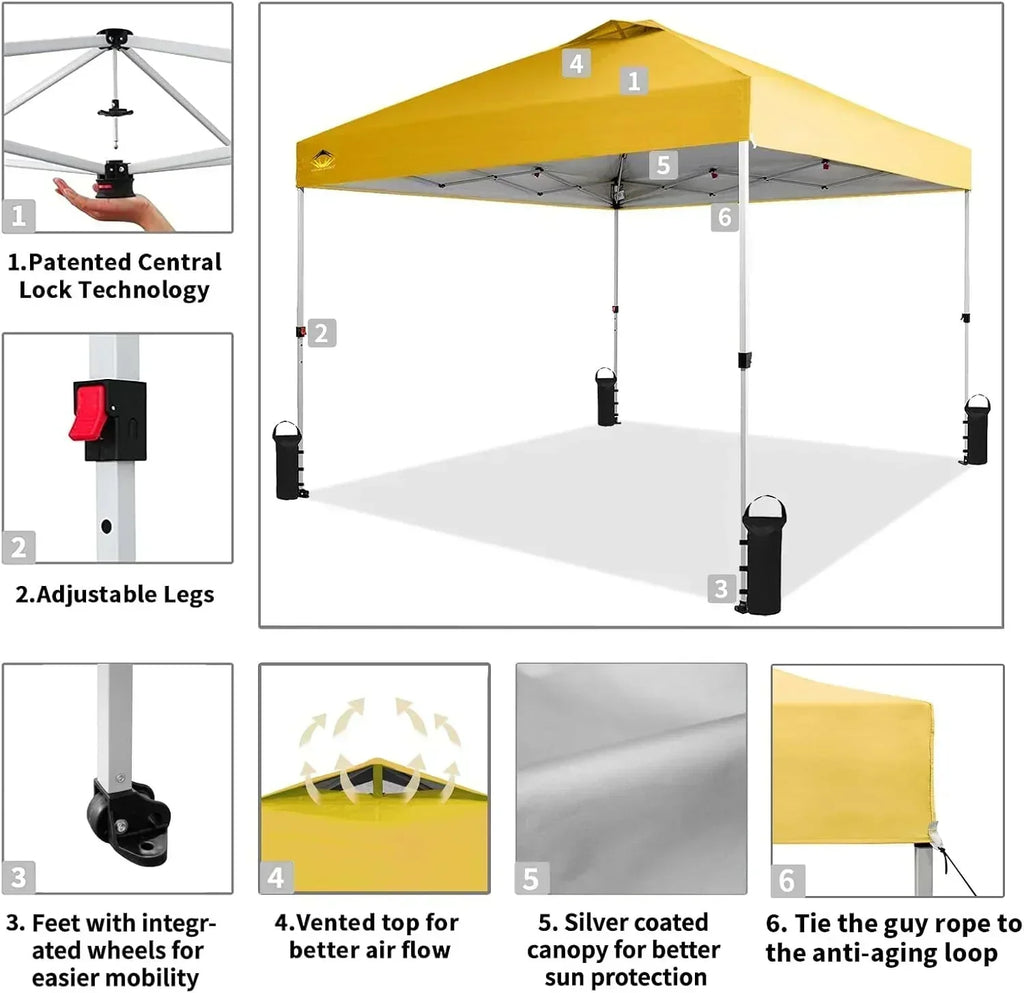 10x10 Pop-Up Awning One-Click Installation Beach Tent Outdoor Sunshade Silver Coated Top