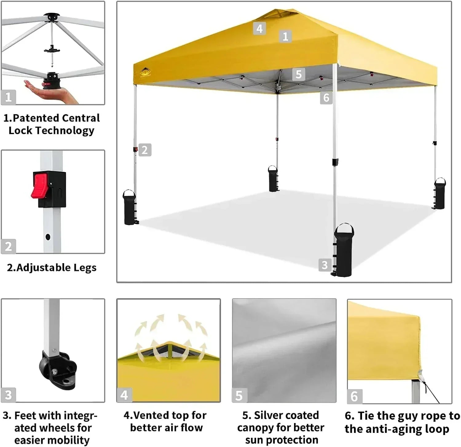10x10 Pop-Up Awning One-Click Installation Beach Tent Outdoor Sunshade Silver Coated Top